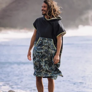Poncho de surf Tulum en serviette recyclée - Charbon/Algues abstraites