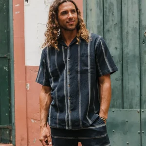 Chemise à manches courtes en coton bio Cove - Rayure Jacquard Bleu Marine Profond