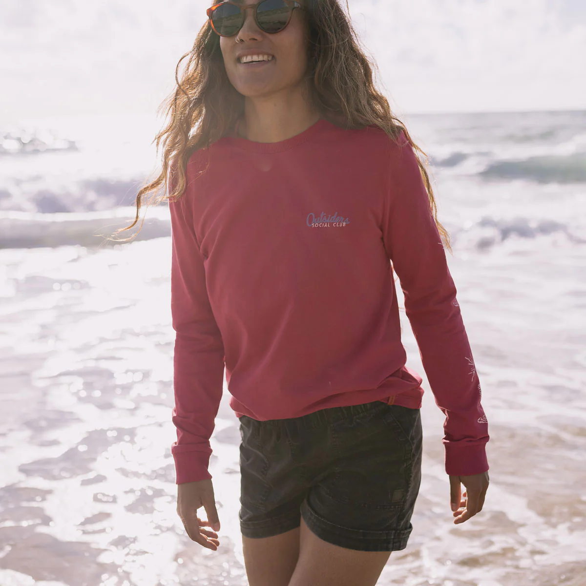 T-shirt manches longues en coton recyclé Dawn - Rouge Terre