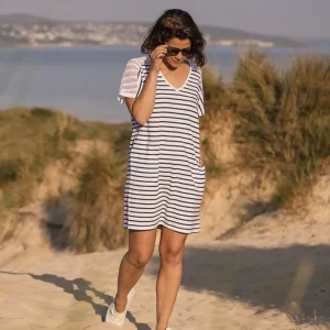 Robe T-shirt surdimensionnée en coton recyclé Olive - Rayure Marine