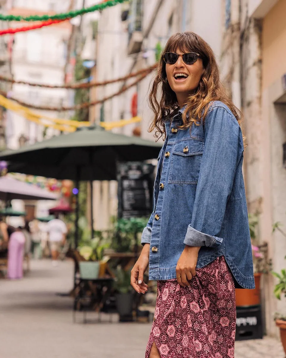 Chemise en coton bio à manches longues Coral - Denim délavé