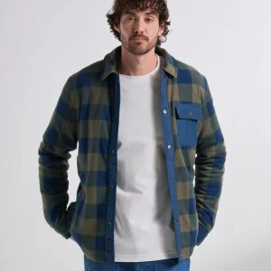 Surchemise Doublée Sherpa Firelight - Olive Poussiéreux/Carreaux Denim Foncé