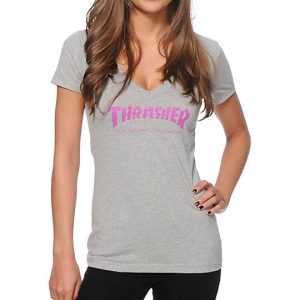 Girls Thrasher Mag Logo V-Neck T-Shirt(Gray)