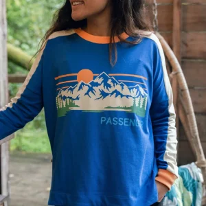 T-shirt manches longues en coton bio Hilltop - Bleu Azur