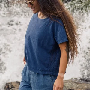 T-shirt à Bordure de Crochet en Coton Recyclé Magnolia - Denim Foncé