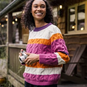 Pull bio en coton tricoté confort - Rayures multi rhubarbe